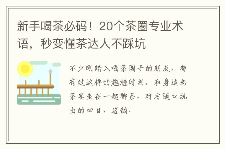 新手喝茶必码！20个茶圈专业术语，秒变懂茶达人不踩坑