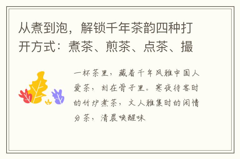 从煮到泡，解锁千年茶韵四种打开方式：煮茶、煎茶、点茶、撮泡茶