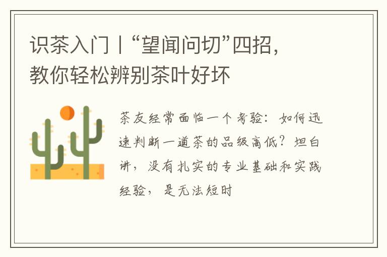 识茶入门丨“望闻问切”四招，教你轻松辨别茶叶好坏